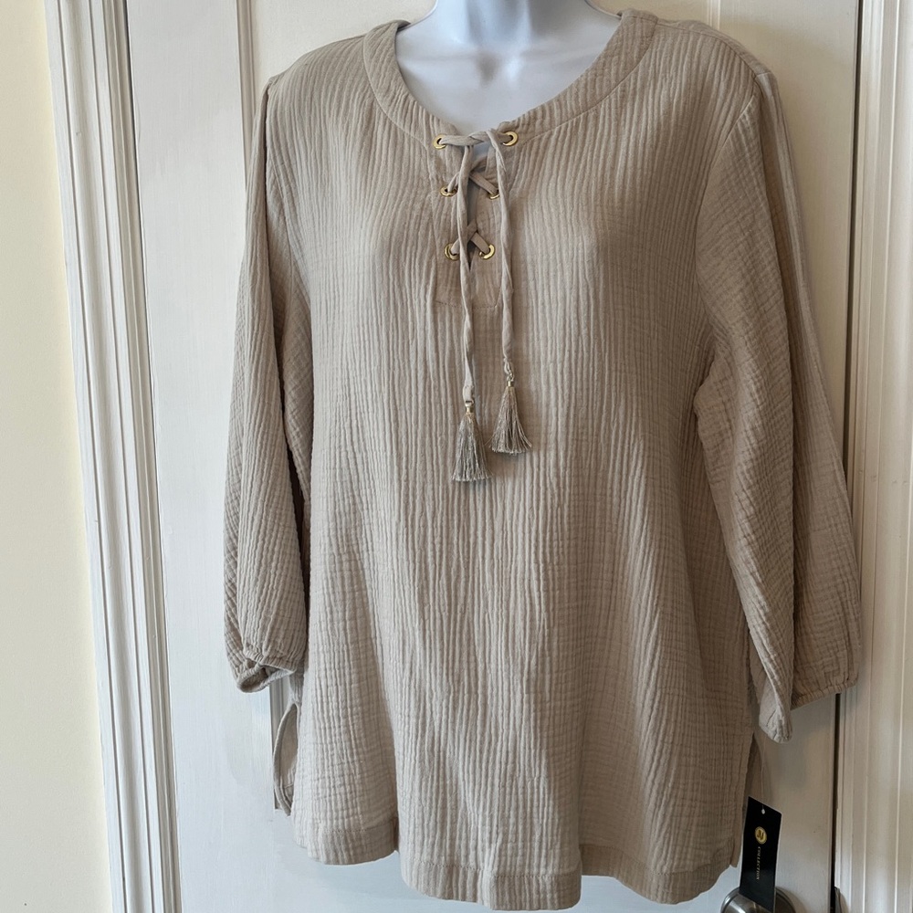 NWT 100% Cotton Gauze Top Tunic Women’s XL‎ Tan Gold Beach Travel Lightweight
